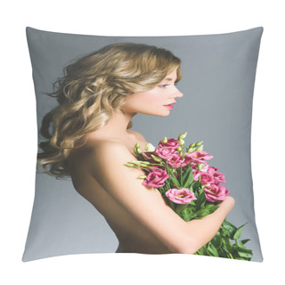 Personality  Side View Of Naked Girl Holding Bouquet Of Flowers Isolated On Grey Pillow Covers