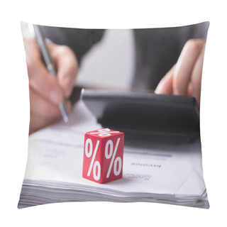 Personality  Close-up Of A Dice Showing Percentage Symbol While Businessperson Using Calculator Pillow Covers