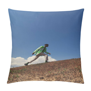 Personality  Side View Of Stylish African American Man Walking On Hill Against Sky With White Clouds Pillow Covers