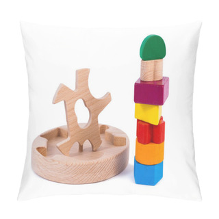 Personality  Photo Of A Wooden Toy  Children's Sorter With Small Wooden Details In The Form Of Geometric Shapes (rectangle, Square, Circle, Triangle), In Different Colors  On A White Isolated Background Pillow Covers