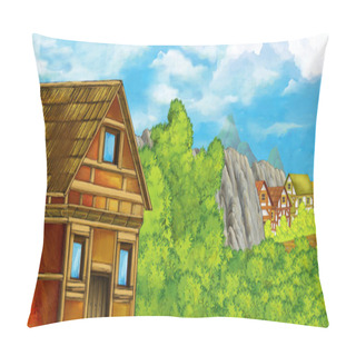 Personality  Cartoon Scene With Mountains Valley Near The Forest With Wooden House Illustration For Children Pillow Covers