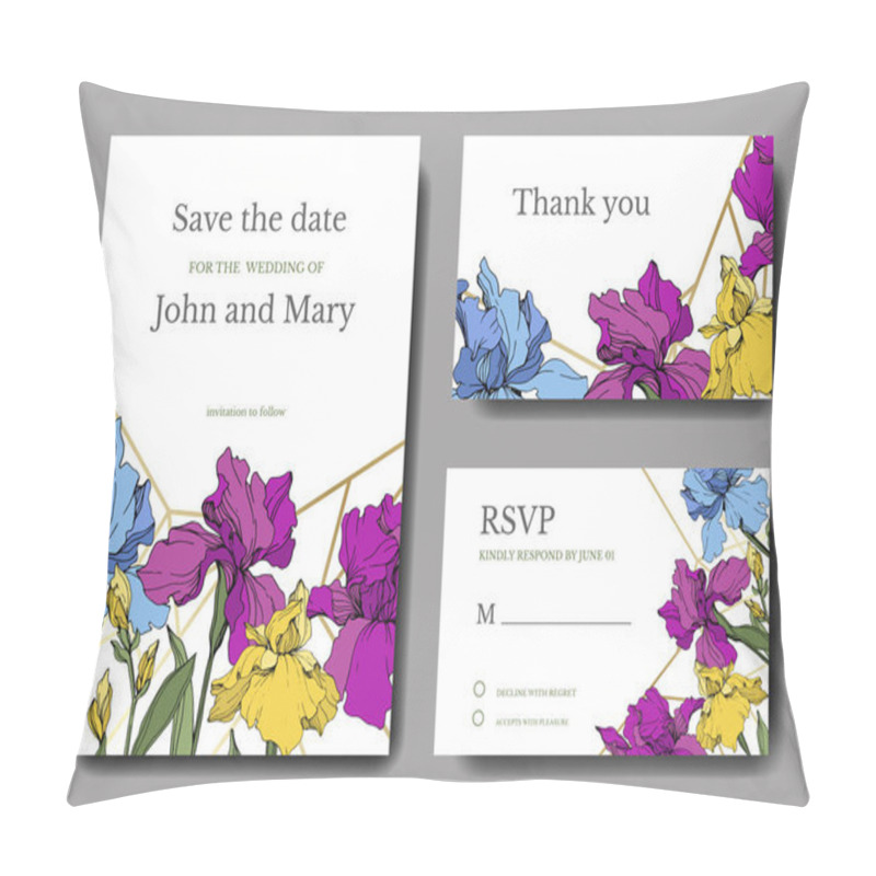 Personality  Vector irises. Engraved ink art. Wedding background cards with decorative flowers. Thank you, rsvp, invitation cards graphic set banner. pillow covers