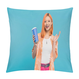 Personality  Positivity, Drink In Hand, Happy Asian And Young Woman With Red Hair Holding Paper Cup And Looking At Camera On Blue Background, Casual Attire, Generation Z, Coffee Culture, Hot Beverage, Amazed Pillow Covers