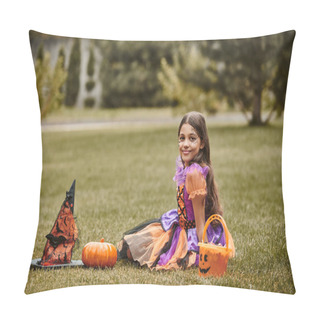 Personality  Happy Girl In Halloween Costume Near Decorative Pumpkin, Pointed Hat And Candy Bucket On Grass Pillow Covers