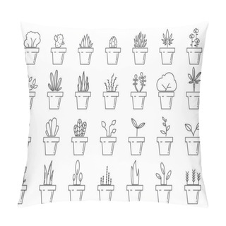 Personality  Flowerpot Linear Icons. Set Of Floral Plants In Pots. Plant In Pot Isolated. Houseplant Icons. Vector Illustration Pillow Covers