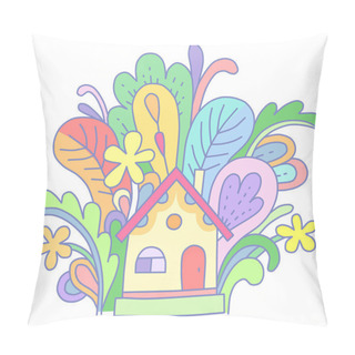Personality  A Tiny Yellow House In Fantastic Color Plants And Flowers.  Illustration At Cartoon Style Isolated On White Backgroun Pillow Covers