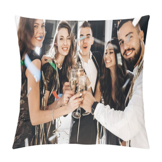 Personality  Beautiful Young Girls And Guys Dressed In Stylish Elegant Clothes Smile  Together And Clink Glasses With Champagne. Party Time Pillow Covers