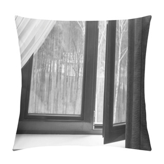 Personality  Partially Open Window With Curtains And A View Of The Trees In The Autumn Park Pillow Covers