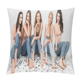 Personality  Happy Girls Sitting On Floor Near Confetti Stars Isolated On Grey Pillow Covers
