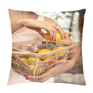 Personality  Cropped View Of Stylish African American Woman In Summer Dress Holding Basket With Fresh Lemons And Standing In Blurred Indoor Garden, Trendy Woman With Tropical Flair, Summer Concept Pillow Covers