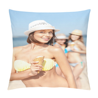 Personality  Girl In Bikini Eating Ice Cream On The Beach Pillow Covers