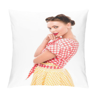 Personality  Stylish Pin Up Girl Holding Hand On Cheek And Looking At Camera Isolated On White Pillow Covers