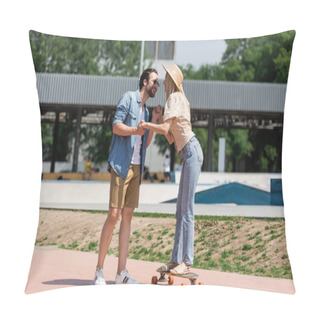 Personality  Smiling Man In Sunglasses Holding Hands Of Girlfriend Rising Longboard In Park  Pillow Covers