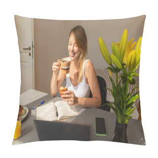 Personality  Cheerful Freelancer Holding Coffee And Croissant Near Gadgets And Flowers At Home  Pillow Covers