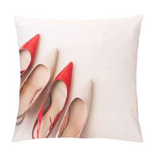 Personality  Top View Of Leather Heeled Shoes On Beige Background Pillow Covers