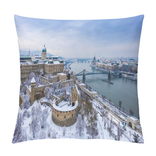 Personality  Budapest, Hungary - Aerial Panoramic View Of The Snowy Buda Castle Royal Palace From Above With The Szechenyi Chain Bridge And Parliament Of Hungary At Winter Time Pillow Covers
