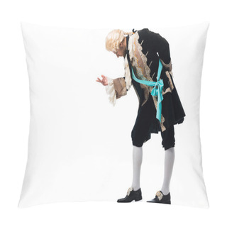 Personality  Handsome Victorian Gentleman In Wig Gesturing While Bowing Down Isolated On White  Pillow Covers