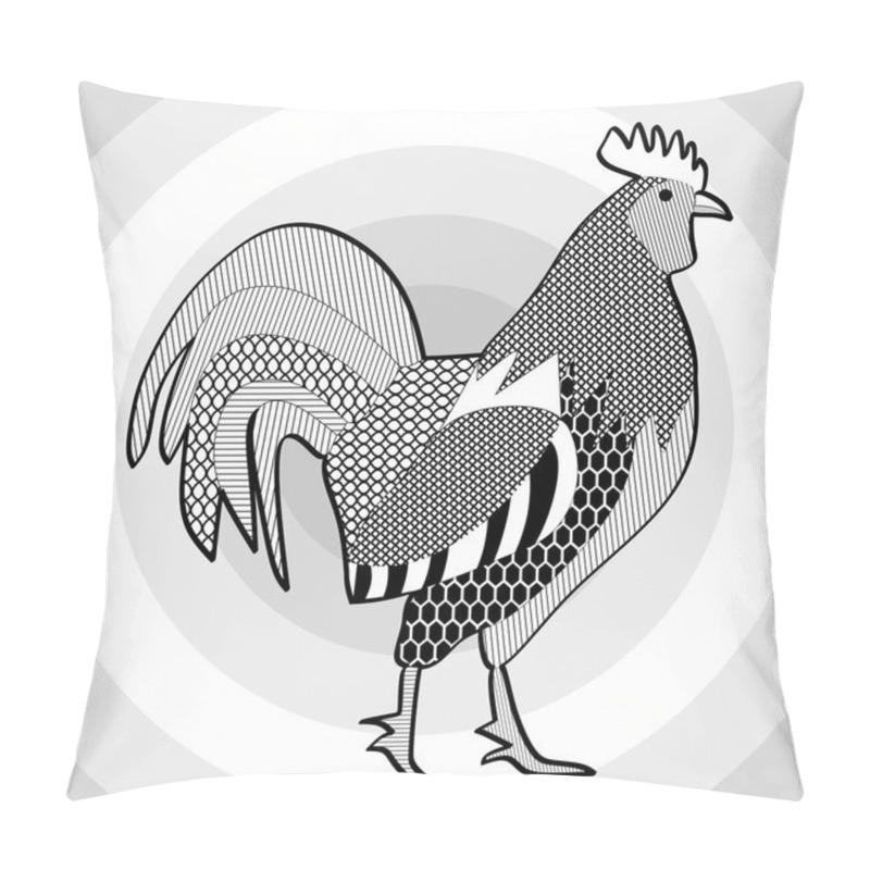 Personality  Cock, black and white drawing. Hatched picture of majestic rooster on concentric circle patterned gray background. Template for tattoo, restaurant emblem, poultry breeding farm brand, Chinese horoscop pillow covers