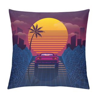 Personality  Retro Car On The Blue Road Among 3D Mountains Synthwave Or Retrowave Style Back To The 80s And 90s Pillow Covers