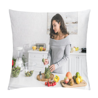 Personality  Young Attractive Woman Preparing Salad At Home  Pillow Covers