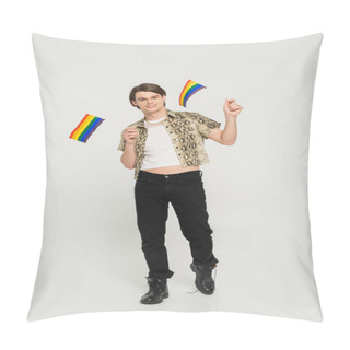 Personality  Full Length Of Positive Pansexual Model In Black Pants And Snakeskin Print Blouse Holding Small Lgbt Flags On Grey Background Pillow Covers