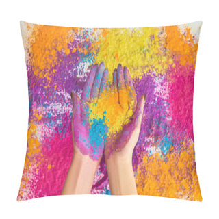 Personality  Cropped View Of Woman Holding Multicolored Holi Powder Pillow Covers
