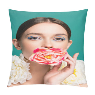 Personality  Charming Woman With Fresh Peonies Looking At Camera Isolated On Green Pillow Covers