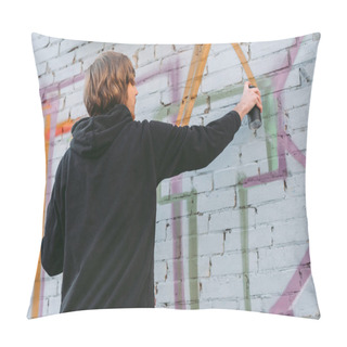 Personality  Street Artist Painting Colorful Graffiti On Wall Of Building Pillow Covers