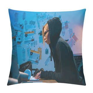 Personality  Side View Of Female Hacker Developing Malware In Dark Room Pillow Covers
