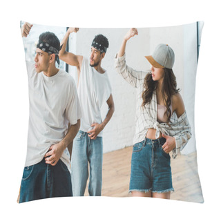 Personality  Selective Focus Of Multicultural Dancers Gesturing While Dancing Hip-hop In Dance Studio  Pillow Covers