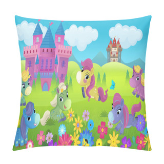 Personality  Cartoon Scene Forest With Pony Horses Castle Illustration For Children Pillow Covers
