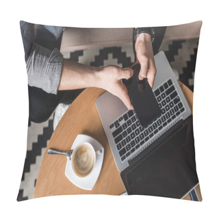 Personality  Cropped Shot Fo Man Using Smartphone With Laptop On Coffee Table Pillow Covers