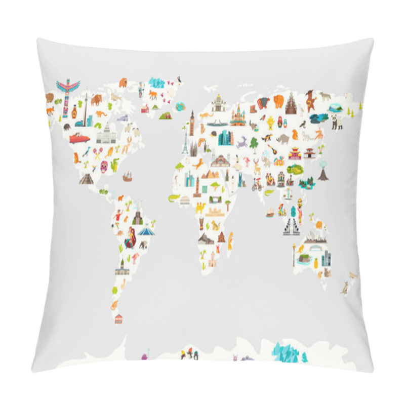 Personality  Landmarks World Map Vector Cartoon Illustration. Cartoon Globe Vector Illustration. Oceans And Continent: South America, Eurasia, North America, Africa, Australia Pillow Covers