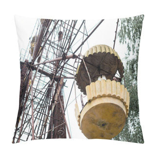 Personality  PRIPYAT, UKRAINE - AUGUST 15, 2019: Low Angle View Of Metallic Ferris Wheel In Amusement Park Against Sky Pillow Covers