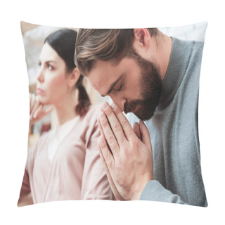 Personality  Bearded Man Asking For Forgiveness From Frustrated Woman In Office Of Family Psychologist Pillow Covers