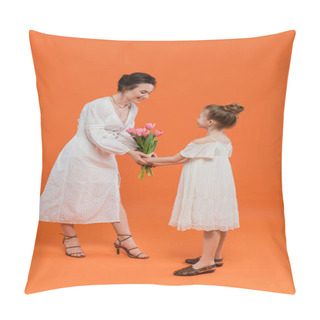 Personality  Mother`s Day, Cute Preteen Girl Giving Bouquet Of Flowers To Mother On Orange Background, Bonding, White Dresses, Pink Tulips, Happy Holiday, Vibrant Colors, Joyful Occasion  Pillow Covers