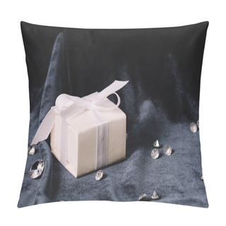 Personality  Gift Box With White Ribbon And Bow Near Pure Diamonds On Blue Cloth Pillow Covers