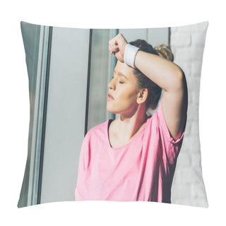 Personality  Tired Overweight Woman With Hand On Forehead Pillow Covers
