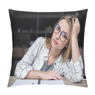 Personality  Young Tired Studert Girl With Notebook Sitting At Workplace And Looking At Camera Pillow Covers