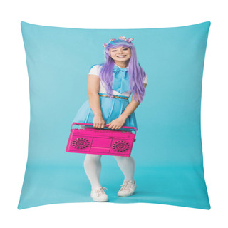 Personality  Full Length View Of Asian Anime Girl Holding Pink Boombox On Blue Pillow Covers