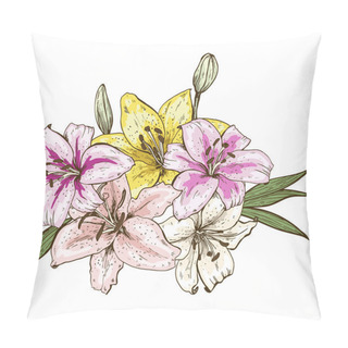Personality  Bouquet Of Five Colorfull Lily Flowers Hand Drawn Isolated On White Background. Vector Illustration. Pillow Covers