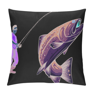 Personality  Fishing Design For Vector. A Fisherman Catches A Boat On A Wave. Pillow Covers