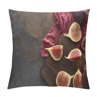 Personality  Top View Of Ripe Figs On Wooden Cutting Board Near Red Cloth On Stone Background Pillow Covers