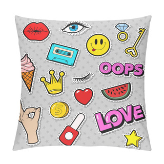 Personality  Fashion Badges Set With Patches, Stickers, Lips, Heart, Star, Hand In Pop Art Comic Style. Vector Illustration Pillow Covers
