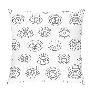 Personality  Background With Hand Drawn Various Turkish Symbol Eye Talismans. Seamless Pattern Design With Line Art Icon Of Evil Seeing Eye. Mystic Esoteric Amulet Talisman Signs In Linear Style. Pillow Covers
