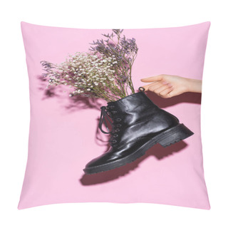 Personality Cropped View Of Woman Holding Black Boot With Wildflowers On Pink Background Pillow Covers