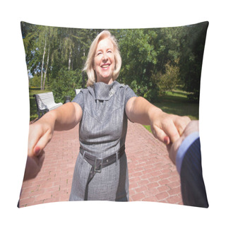 Personality  Follow Me. Portrait Of Lovely Middle Aged Blonde Woman In The Summer Park Pillow Covers