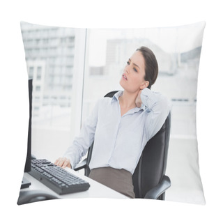 Personality  Businesswoman With Neck Pain Sitting At Desk Pillow Covers