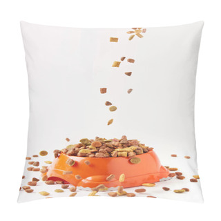 Personality  Dog Food Granules Falling Into Plastic Bowl With Pet Food On White Pillow Covers