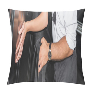 Personality  Partial View Of Man Embracing Woman In Black Dress In Elevator, Banner Pillow Covers
